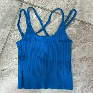 Ribbed Knit Blue Cropped Tank. Cross cross Adjustable Straps. Size S